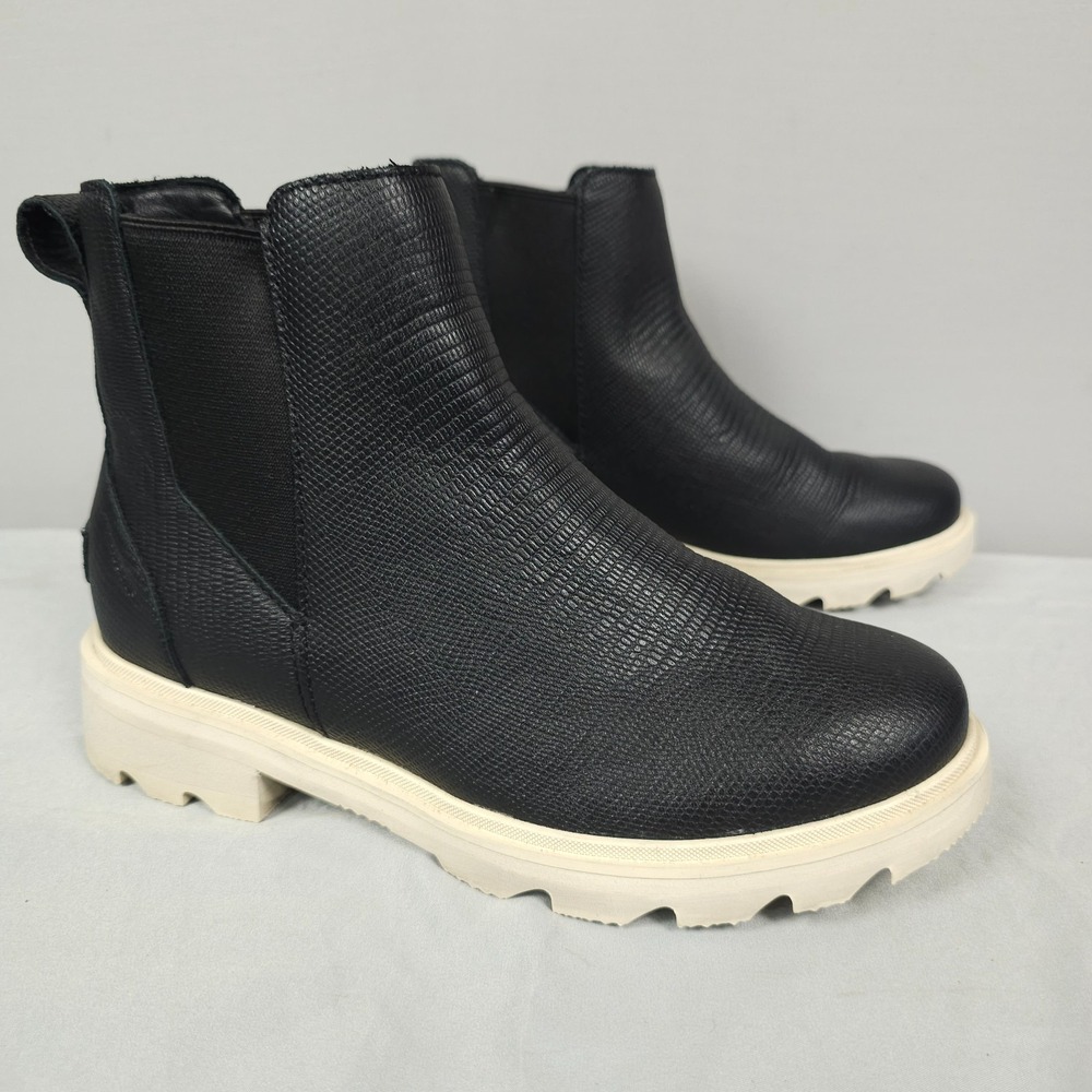 Sorel Lennox Chelsea Boots Women 7 Black Leather Snakeskin Embossed Chunky